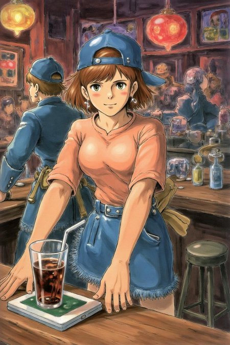 miyaha1 manga illustration.
The air buzzes with the energy of a busy bar, a mix of music, conversation, and the clinking of glasses. A barmaid, the embodiment of youthful vibrancy, navigates the lively scene. She wears a peach-coloured T-shirt, the soft fabric contrasting with the smooth, cold glass of coke she carries on a small tablet. Her short skirt adds a playful touch, and a backwards baseball cap hints at a carefree attitude. The setting and atmosphere are palpable: the warm, slightly sticky surface of the bar counter under her fingertips, the dim, colourful lighting that casts playful shadows. Sensory details are abundant: the condensation forming on the glass of coke, the texture of her denim skirt, and the way the bar lights catch the highlights in her hair. Her confident stride, her quick smile, and her efficient movements. Stylistically, the image draws inspiration from the vibrant, candid shots of nightlife photographers, with a touch of the stylized realism found in contemporary illustration. There's a deliberate contrast between the barmaid's youthful energy and the slightly worn, lived-in atmosphere of the bar, creating a dynamic and engaging image.   <lora:miyaha1_cap_d6a3e12:0.9><lora:818067553638349333:0>