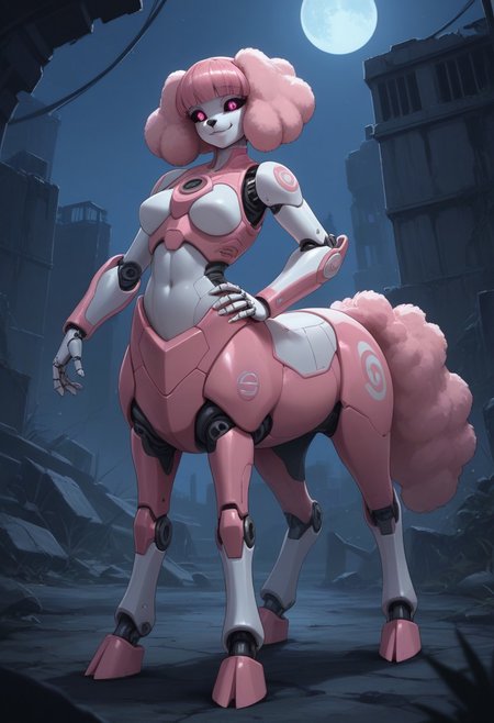 score_9,score_8_up,score_7_up,score_6_up,score_5_up,score_4_up, BREAK Poodle, robot, centaur, solo, smile, industrial ruins, night, hooves, pink horse tail, Robot girl, Mecha, Android, mechanical limbs, robot joints, pink metal skin, black sclera, no mouth, armor, glowing eyes, furry, pink hair, dog head, dog ears, dog nose, hand on hip