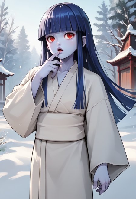 score_9, score_8_up, score_7_up, source_anime,  1girl, full body, looking up, big eyes, chestnut mouth, finger to own chin, hand on hip, <lora:zs_YukiJyorouXL:1> yukijyorousmt, kimono, long hair, blunt bangs, blue hair, red eyes, colored skin, blue skin, outdoors, snow