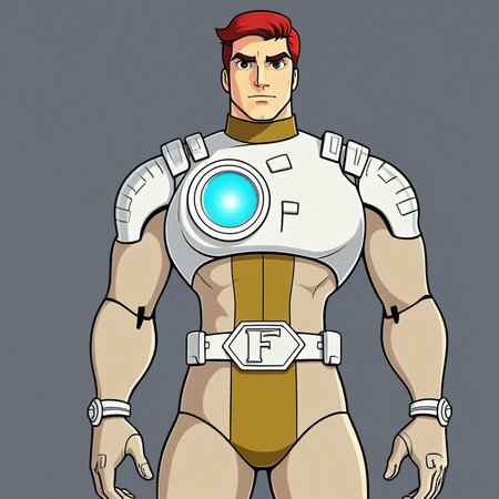 captainfuture, captfuture, cptfut,"A full-body front view of a highly fit male futuristic space adventurer with a muscular physique, wearing a sleek, skin-tight bodysuit in beige (#ceb69a) with gold (#a0872b) and white armor elements. The suit is made of high-tech synthetic fabric with a matte finish, tightly hugging the body and revealing well-defined muscles. The character has short, neatly styled red hair and thick red eyebrows, with sharp brown eyes. The chest armor features a glowing blue circular element encased in glass, resembling an energy source. White shoulder pads, chest and back armor, wrist guards, and a belt with a bold letter 'F' on the buckle enhance the futuristic look. A gold stripe runs down the center of the suit from the collar to the groin, with matching gold rings around the elbows, knees, and ankles. The hands and feet are seamlessly covered in the same bodysuit material, appearing as gloves and sleek futuristic boots in the primary beige color. Additional white armor elements are attached to the outer sides of both thighs. The background is a soft, neutral gray."