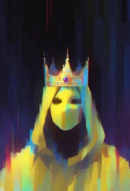 masterpiece, newest,absurdres,incredibly absurdres, best quality, amazing quality, very aesthetic, retro artstyle, impressionism, 
portrait, 1man, solo, (yellow hood, face mask), yellow mask, crown, dark background,
 <lora:Retro_Glitch:1> <lora:0__11Xx:1> 0__11Xx_illu