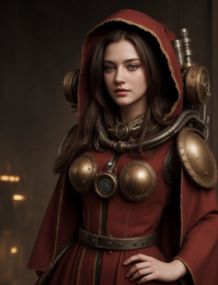 Ultra-realistic 8k CG, masterpiece, best quality, (very detailed face),masterpiece, best quality, 1girl, 20 years old, woman, colorful, (full body, wide shot),  <lora:more_details:0.8>  <lora:techpriest:0.8> mechanical arms, steampunk, hood, robe, techpriest, forgeworld, adeptus mechanicus,