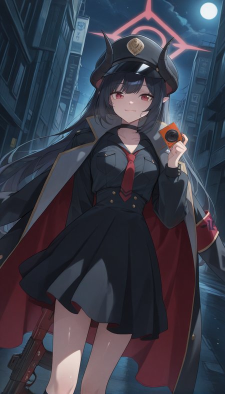 <lora:LCMTurboMix_Euler_A_fix:1> <lora:example_SDXL:0.3>, EZRealPONYXL, <lora:Dramatic Lighting Slider:3>
DSLR,realistic,cosplay photo, (very awa,masterpiece,best quality,year 2024,newest,absurdres,highres:1), realistic,skin texture,facial features, photography shot with Canon EOS 5D Mark IV , realistic, RAW, best quality, masterpiece, amazing quality, skin details,
1girl, highly detailed beautiful face, large natural breasts,
detailed background, shiny skin, dutch angle, night, moonlight,
beautiful detailed eyes, intricate details, absurdres, anime screencap,
<lora:Motomiya_Chiaki_BA_ILXL_kill0825:1>
BAMChiaki, long hair, black hair, red eyes, horns, pointy ears, halo, demon horns, black horns, red halo, 
shirt, skirt, long sleeves, dress, hat, holding, jacket, school uniform, weapon, boots,  necktie, choker, socks, black skirt, black footwear, holding weapon, coat, black shirt, gun, black headwear, kneehighs, black choker, holding camera, black socks, red necktie, holding gun, armband, peaked cap, rifle, black coat, high-waist skirt, shirt tucked in, assault rifle, doughnut, coat on shoulders, bullpup, red armband, very long hair, black dress, open coat,
looking at viewer, smile, dynamic pose, close up,