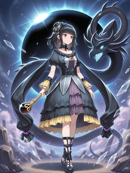 blunt bangs, moon of the closed heaven, 1girl, red earrings, holding staff, standing, broken glass, full body, black dragon, black knee boots, solo, collarbone, closed mouth, staff, black frilled choker, black mini hat, black princess dress, yellow wrist cuffs, official art, space, solar eclipse, 1other,
masterpiece,best quality,amazing quality,very aesthetic,apussbsurdres,newest,<lora:Moon of the Closed Heaven illuXL v1.1:0.72>,