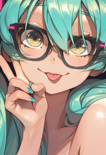 hi res, masterpiece, best quality, highres, v, yellow eyes, smile, long hair, looking at viewer, 1girl, hair between eyes, simple background, closed mouth, portrait, cartoon, shiny skin, shiny, tongue out, blue  nails, twintails, hatsune miku, glasses