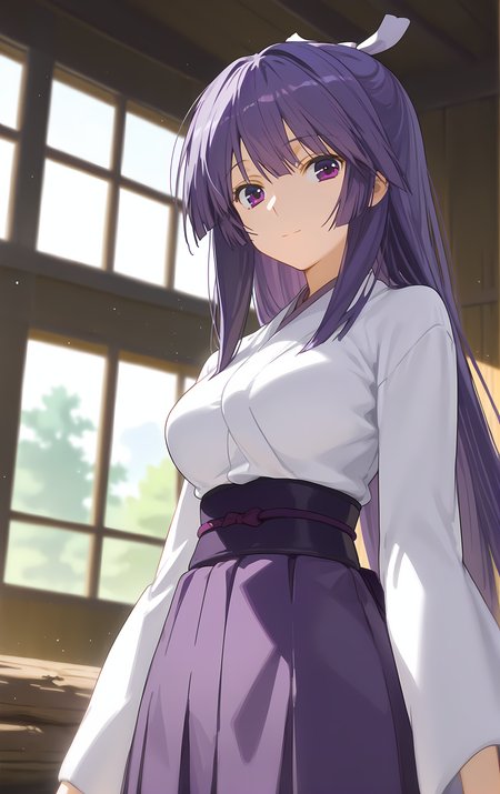 (score_9, score_8_up, score_7_up), looking at viewer, light smile, closed mouth, shiny skin, tight clothes,
ohwx, 1girl, solo, solo_focus, purple_eyes, long_hair, japanese_clothes, purple_hair, very_long_hair, breasts, ponytail, long_hair, breasts, large_breasts,
japanese_clothes, kimono, sash, kimono, skirt, hakama, hakama_skirt, purple_hakama, white_kimono,
log cabin, bedroom, window, sunlight, lens flare, blurry, cowboy shot, dutch angle,
 <lora:miya_asama_pony_ss-000002:1>