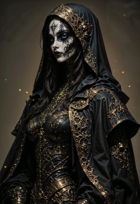 hyperrealism, elven girl, a stunning photo of a gorgeous necromancer female Aerenal Elf, gold and black robes, face warpaint, skull face paint, gorgeous, 8k HD, detailed skin texture, ultra realistic, textured skin,. (maximum ultra high definition image quality and rendering:3), maximum image detail, maximum realistic render, (((ultra realist style))), realist side lighting, , 8K high definition, realist soft lighting, (amazing special effect:3.5)