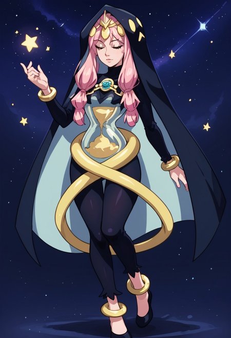 score_9, score_8_up, score_7_up, source anime,
masterpiece, best quality, detailed, amazing quality,
detailed background, night, stars,
dynamic pose, magic,
solo, 1woman, woman,
easynegative, 
aeon, diadem, hourglass torso, see-thru torso, glass torso, pointed hood, long hood, pink hair, long hair, bracelet, anklet, pendant, closed eyes, bodysuit, hair ornaments, low front twintails