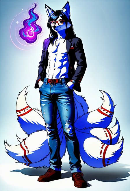 safe_pos, {((1male:2.0)), furry, fox, ((kitsune:2.0)), white fur, long hair, dark hair, blue highlight in hair, fox ears, glasses, nerdy, fox tails, denim jeans, shirtless, thin build, androgynous, hypnotist, holding pocket watch, corruption magic, dark magic, student, on college campus, full body render, }

FurryDalle, cartoon, high quality, 