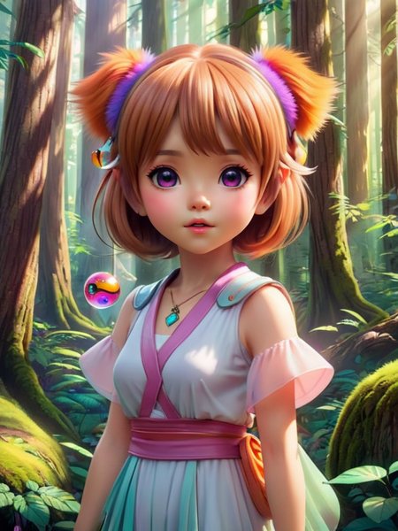 1girl,kawaii style an ewok mystic, enchanted forrest, colorful ethereal orbs floating in the air,  huge anime eyes, . cute, adorable, brightly colored, cheerful, anime influence, highly detailed <lora:HanXue_SDXL-000008:0.6>