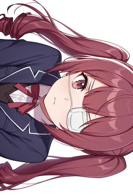 Smooth Quality,masterpiece,very intricate, high quality details, ultra realistic, high detailed skin,detailed enviorement,absurdres,
spread fingers,
 <lora:Hanazono_Yurine_CNR:0.8> yurine_cnr, brown hair,very long hair, brown eyes, medical eyepatch, frown, twintails, drill hair,, simple background, white background, sideways,solo,, in heat,, zip-up vest,  ,blazer, ,wrap skirt,  ,
