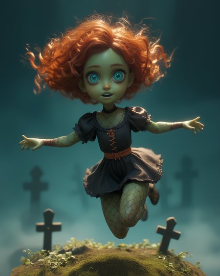 score_9, score_8_up, score_7_up, macabre, Eerie figurine with haunting gaze, Olive Skin, Redhead with half-up half-down style and loose curls, brown metallic lipstick, A misty graveyard with an open grave and an overturned tombstone ,  blue , wavy hair , tenebrism ,  Jumping with arms out to the side , dehazed,   aquamarine eye, __Negs/Pos__,    <lora:XL_Spirit_Boss_Battle_-_By_HailoKnight:0.8> bosstyle <lora:PerfectEyesXL:0.8> perfecteyes,