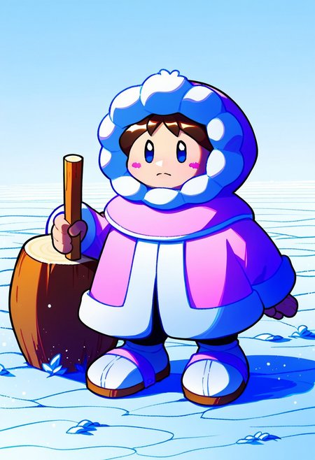 score_9, score_8_up, score_7_up, source_anime, icnana, winter clothes, closed mouth, long sleeves, outdoors, pink coat, holding hammer, hat, hood up, blush stickers, full body