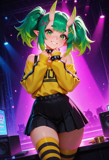 masterpiece, best quality, amazing quality, volumetric lighting, (by_neoartcore:0.1), BREAK, 1girl, 25 years old, cute, petite, 
green eyes, 
pointy ears, 
green hair, twintails, bangs, multicolored hair, thick eyebrows, x hair ornament, hair ornament, hairclip, oni horns, 
spiked collar, spiked bracelet, 
off shoulder, yellow shirt, sleeves past wrists, 
black skirt, pleated skirt, 
striped thighhighs, black thighhighs, yellow thighhighs, looking at viewer, rawring pose, hands up, smiling, 
cowboy shot, dutch angle, night, party, leg focus, nightclub,
masterpiece, best quality, amazing quality,