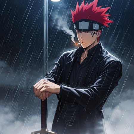 masterpiece, best quality, amazing quality, absurdres, newest, detailed background, definition so sharp, Ultra-HD, 8K cinematic, very awa, impressionate, amazing quality, highres, 
solo, male focus, manly, 
1boy, d0tb_red hair, d0tb_brown eyes, d0tb, spiked hair, facial tattoo, headband, smoking, smoke,
serious expression, hand on sword hilt, protective stance, looking to side, rain, night, streetlights, cool, determined, hot-blooded, watchful