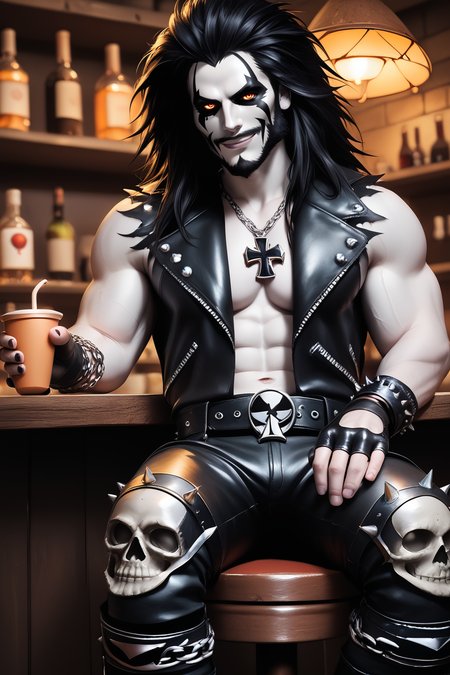 score_9, score_8_up, score_7_up, masterpiece, high quality, realistic
 <lora:LoboPonyLora:0.8> lbo, pale skin, long hair, face paint, full beard, leather vest, fingerless gloves, chains, skulls, belt, leather pants, knee pads, iron cross necklace, buckle, spikes, shirtless, sitting in a cafe holding a cup of tea, smile