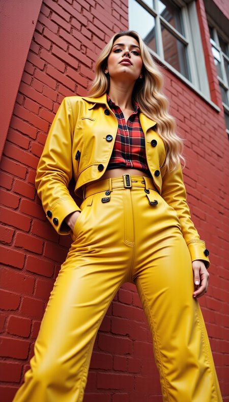 A highly detailed and artistic image of a fashionable young woman striking a confident pose against a vibrant red brick wall. She has long, wavy blonde hair styled elegantly, cascading down her shoulders, and her makeup is flawless with a natural, glowing look. She is wearing a bold, bright yellow leather ensemble consisting of a cropped jacket with prominent black buttons and matching high-waisted, wide-leg pants with distinctive black accents and buckles. Underneath the jacket, she wears a red and black plaid shirt, which is unbuttoned at the top to reveal a hint of a black undershirt, adding layers and depth to her outfit. The yellow leather of her jacket and pants has a glossy finish, reflecting light and adding a striking contrast to the red background. Her pose is dynamic and confident, with one hand resting on her hip and the other relaxed by her side. The background features a vivid red brick wall with a rustic, textured appearance, creating a bold and eye-catching backdrop. The image captures the rich textures and details of the leather, the intricate patterns of the plaid shirt, and the vibrant colors of her outfit and the background. Soft, natural lighting to highlight her features and the details of her clothing, creating a sense of depth and dimension in the scene. The overall aesthetic highly artistic, with a focus on fashion, bold colors, and a confident, stylish vibe. 1980s, fashion shoot, designer clothes, aerobics, punk chic, power dressing, oversized. (Low Angle View:1.5). 
 <lora:FLUX.1-DEV_-_Wild_1980s_Fashions_LoRA:0.8>, <lora:realism_lora:1>, hyp3rd3tail style <lora:hyper-detail-illustration:0.4>,  <lora:LowAngleViewFLUX-000001:1>
