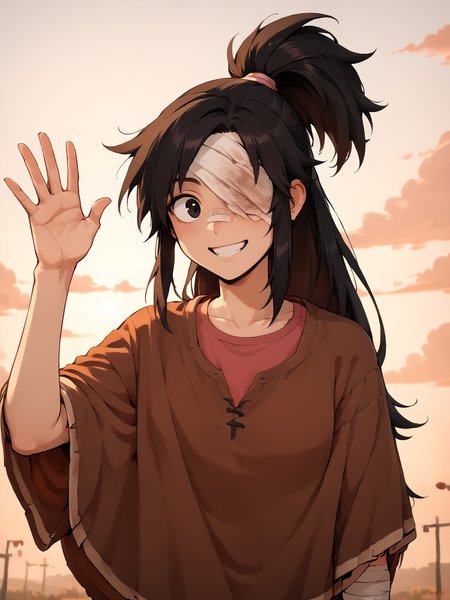 score_9, score_8_up, score_7_up,  score_6_up, BREAK, BudArmstrong, solo, 1girl, long hair, black hair, ponytail, black eyes, bandage over one eye, bandaged arm, one eye covered, brown poncho, upper body, smile, raise left hand, waving, looking at viewer <lora:Buddy_Armstrong:1>