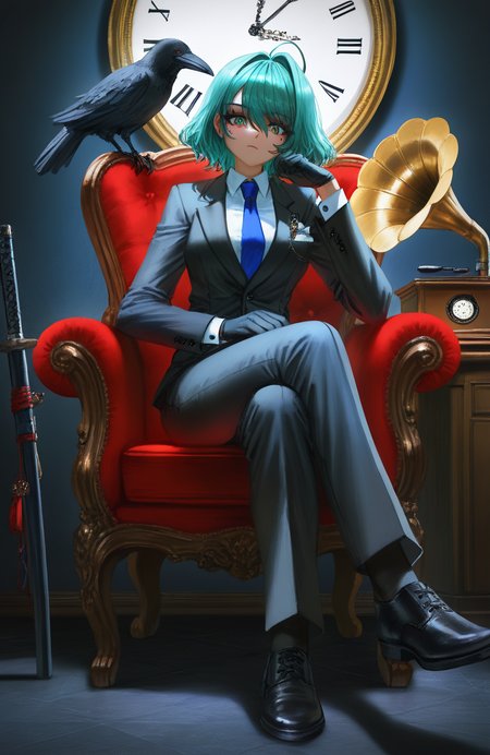 masterpiece,best quality,amazing quality,very absurdres,aesthetic,newest,impactful picture,offcial art,movie perspective,
artist:quasarcake,artist:nixeu,artist:john, 
tamaki \(doa\),mole,mole under eye,black nails,medium hair, hair between eyes, asymmetrical bangs, ahoge,large breast,detailed eyes,
virtual youtuber, formal, gloves, suit, sitting, solo, pants, bird, crossed legs, cup, jacket, necktie, black footwear, hair intakes, looking at viewer, chair, black jacket, blue necktie, pant suit, weapon, crow, black pants, phonograph, black gloves, shirt, full body, clock, black suit
 <lora:doa_tamaki_noobxl_vpred10_v10:1.0>