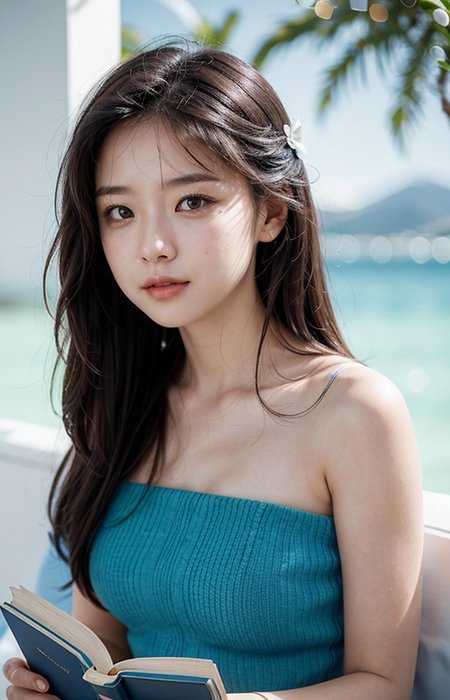 cinematic photo A wonderful life, a relaxed atmosphere,Aegean Sea,sunny,close up portrait of a woman in love,reading books colorful dress,blue roof,white wall
<lora:Better_Pose:1>  <lora:fluxenhancer:1> <lora:sparklycism:1>, <lora:Tangbohu_real_style_FLUX_type_A:1>, 35mm photograph, film, (bokeh:1.3), professional, 4k, highly detailed