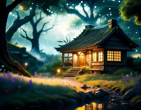 detailed photo creepy landscape outside fantasy old wooden cabin small house next to a path  in the woods cosy surrounded close by tall trees shafts of sun light poor through gaps a winding gravel path leads to the house.  Welcoming lanterns hang either side of the sturdy door.  A brass knocker on the door, smoke rises from the house chimney shadows contrast  detailed perspective small shrubs flowers grass tall weeds leaves afternoon stone wall in need of repairs  damaged rickety plant pot fireflies roof tiles small pond frog  <lora:FantasyForest:0.8> <lora:Add More Details- High -detail++:0.5>