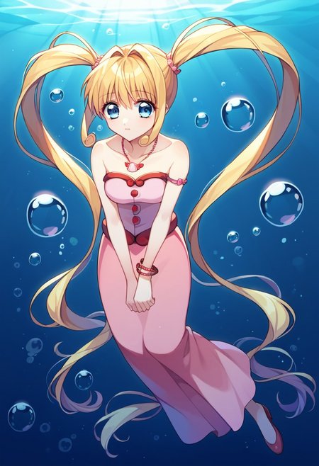 score_9, score_8, score_7, source_anime, nanami lucia, twintails, air bubble, seashell, collarbone, pearl necklace, underwater, bracelet, necklace, full body, armlet, bow