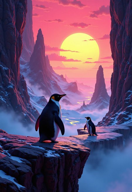 aidmaimageupgrader, a high quality digital Synthwave styled image of Metagalactic Penguins Battle at the Edge of Time