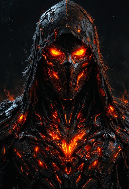 dark rugged realm, phantom warrior emerges from the shadows, clad in tattered black cyberpunk armor, etched with fiery orange circuitry, like a dark mechanical specter, The figure's face is shrouded in an impenetrable black hood, with only two blazing orange optics piercing the darkness, like hot coals from a malevolent forge, The armor is shifting and writhe like living darkness, with orange neon-like energy bleeding from the cracks, <lora:DetailMaximizer:0.6>, <lora:MJ52_v2.0:0.6>, <lora:MJ52:0.2>, <lora:EpicF4nta5yXL:0.4>