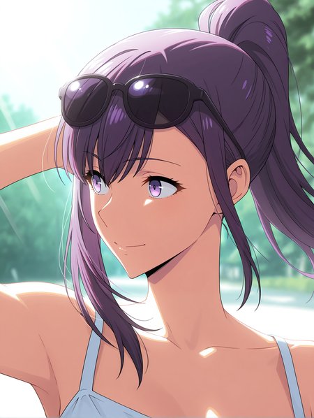<lora:Jin Ah Illu:1>jin-ah, purple eyes, purple hair, ponytail, sidelocks, 
sundress, floating hair, depth of field, blurry background, eyewear on head, sunglasses, one arm behind head, 
portrait, looking to the side, closed smile, outdoors, sunlight, 
 <lora:StS-Illustrious-Detail-Slider-v1.0:4>, masterpiece, best quality, amazing quality