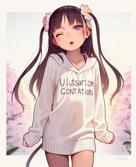 <lora:muk:1> muk,
(masterpiece), (best quality), (ultra-detailed), amazing quality, very aesthetic, illustration, perfect composition, intricate details, absurdres, incredibly absurdres, shiny skin, realistic,
 muk, one eye closed, solo, 1girl, long hair, flower, hair ornament, mole under eye, mole, hair flower, looking at viewer, sweater, o, sleeves past wrists, two side up, tail, purple eyes, cowboy shot, open mouth, long sleeves, blush, collarbone, sensitive