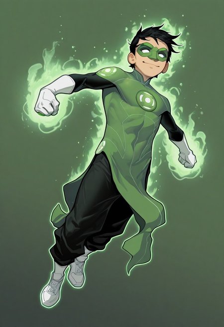 masterpiece, absurdres, high quality, perfect anatomy, 1boy, solo, cute boy, male focus, TaiPham, Black Hair, Green Lantern Ring, Green Lantern Costume, Green and Black Bodysuit, Green Domino Mask, White Eyes, White Gloves, Pelvic Curtain, Black Pants, White Shoes, Glowing Green Outline, Green Energy Aura, floating, levitating, big smile, cinematic, intricately detailed illustration, depth of field, masterpiece, best quality, amazing quality, very aesthetic, absurdres, newest, very awa,  shadow, dynamic angle, casual cosplay, dynamic pose, simple background, green theme, beitemian style