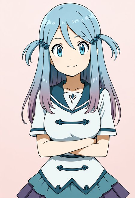 masterpiece, best quality, solo, curvy, beautiful eyes, large breasts, aged up, narrow waist, wide hips, 1girl, solo, smile, looking at viewer,   zzLazuli, blue eyes, hair between eyes, blue hair, gradient hair, hair bobbles, hair ornament, long hair, multicolored hair, two side up,  school uniform, serafuku, sailor collar, blue skirt, pleated skirt, short sleeves,   ,<lora:LazuliByKurumiErika_IXL:1.0>,  arms crossed, head tilted, cowboy shot, confident look,  looking at viewer,