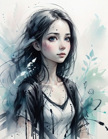 painting, ink, pale whimsical portrait in a serene atmosphere at morning, haze
