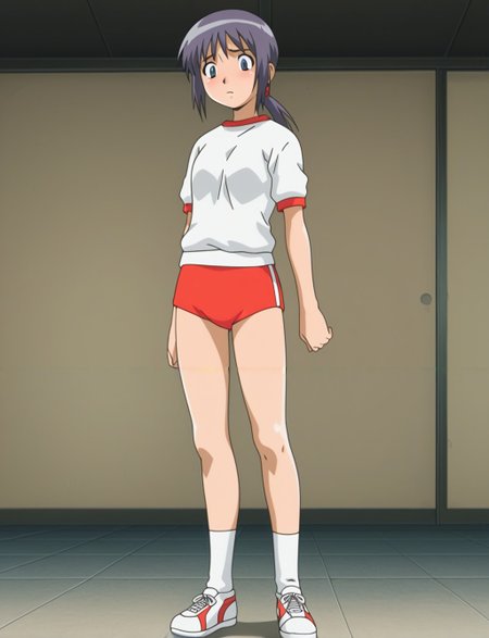 masterpiece,best quality,amazing quality,Suzu,<lora:Suzu(Illustrious) from The Invisible Stud_epoch_6:1>,anime screencap,original,anime coloring,dark hair,2000s style,full shot,gym_uniform,hot_pants,sneakers,