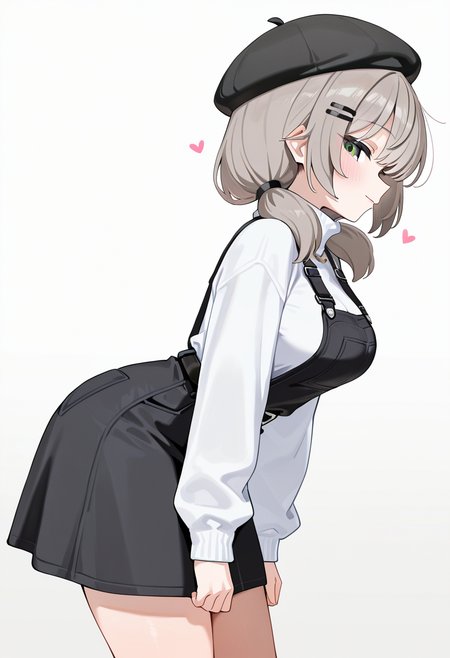 masterpiece, best quality, amazing quality, 1girl, [wagashi \(dagashiya\), mx2j], hotate-chan, (yd \(orange maru\):0.7), (sincos:0.6), brown hair, grey hair, medium hair, low twintails, black hairclip, hair tie, bangs, green eyes, black beret, heart necklace, white sweater, turtleneck sweater, long sleeves, black skirt, overall skirt, black belt, belt buckle, simple background, white background, from side, cowboy shot, standing, arms at sides, medium breasts, facing down, bent over, looking at viewer, light smile, profile