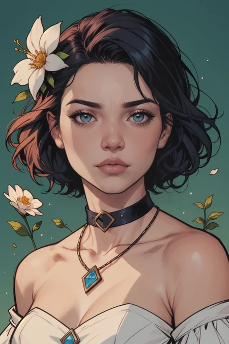 1girl, solo, flower, necklace, jewelry, hair flower, hair ornament, realistic, bare shoulders, white flower, upper body, grey background, portrait, simple background, collarbone, dress, strapless, short hair, colored skin, lips, white dress, half-closed eyes, choker, grey eyes, pale skin, blue eyes, strapless dress, green background, closed mouth, eyelashes, parted lips, makeup, expressionless, <lora:Expressive_H:0.5>, score_9, score_8_up, score_8_up, a_Comic_Illustration, rough lines with ink, (drawn:1.1), (sketch:1.5), (crosshatching:1.25), (comic style:1.1), graphic novel style, sharp lines, hires, zstyle, (western comics \(style\):1.1), (hatching \(texture\):1.2), zPDXL, Mr_Monster_Possitive, beautiful detailed eyes, extreme details eyes,  perfect anatomy,, 1girl, thighs, cowboy shot