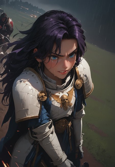 1girl, solo, 24 year old woman, large build, kneeling:1.4, beautiful, long hair, dark purple hair, freckles:1.4, face uplifted:1.6, looking up, looking at the sky, earrings, fierce grin:1.5, crying:1.5, teeth clenched:1.4, angry smile:1.5, wide hips, knight armor:1.5, heavy armor, gauntlets, greaves, bright blue eyes, arms at her sides, rain falling on her face:1.5, tan skin, on knees, tears on chin, tears on cheeks,

dusk, after battle, muddy field, some grass, fallen soldiers around her:1.4, storming, dark gray sky, dark sky:1.4, streaming banners, battlefield, intense rain:1.3, dreary, raining, overcast, mountains and hills in the background,

score_9, score_8_up, score_8, masterpiece, best quality, official art, extremely detailed, CG unity 8k wallpaper, absurdres, high definition, photorealism:1.5, detailed shading, high contrast, ambient occlusion, vivid colors:1.5, saturated colors:1.6, 

downward angle:1.3, cowboy shot, cinematic, from above:1.3,

expressiveh, whites40k, tears, 