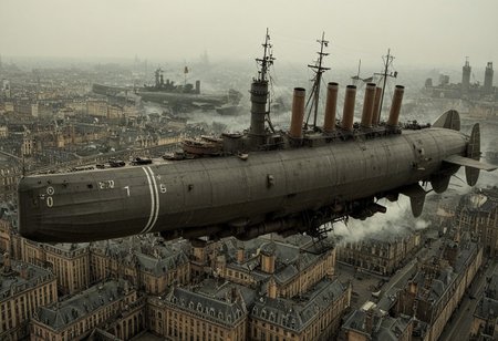 masterpiece, best_quality, very_aesthetic, highres, absurdres, ultra detailed, airship,  battleship, steampunk, Victorian, 
flying over Victorian city,
 airship, vehicle focus, no humans, military vehicle, military, science fiction, aircraft flying, radio antenna, cannon, machinery,rocket launcher,
dark iron, navy gray vehicle, 
spiral, pipe ,rivets, ,wire,