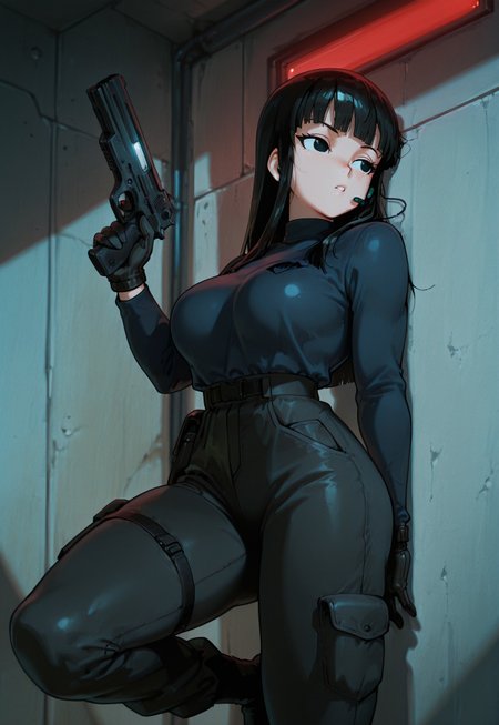 safe_pos, drgbl, (safe_pos, fine texture, masterpiece, ultra-detailed, very awa, best quality, very aesthetic, absurdres, newest, volumetric lighting, scenery), dragon_ball, dragon_ball_z, source_anime, anime screenshot, original art style, rating_explicit, BREAK,

1girl, solo, future mai, long hair, black hair, bangs, black eyes, medium perky breasts, athletic build, BREAK,

wearing a fitted black tactical turtleneck, combat pants with utility pockets, black leather gloves, holstered pistol on her thigh, and a small earpiece in her ear, BREAK,

mid-action shot, leaning against a wall with a silenced pistol in one hand, the other pressing to her earpiece as she listens intently, dynamic pose with one leg bent slightly for balance, looking off to the side of the frame, ear pressed against wall, BREAK,

dimly lit hallway with red and blue emergency lights, sleek modern interior with metal walls and glowing panels, cinematic lighting with shadows emphasizing her stealth, tense and suspenseful atmosphere, BREAK.
