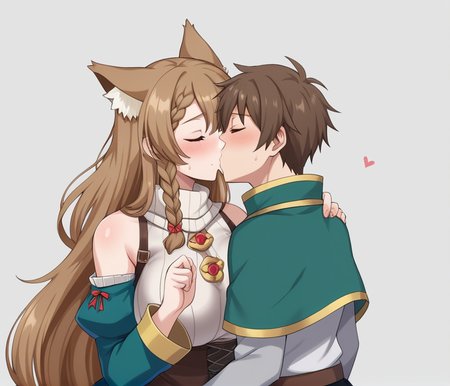 1 girl, 1 boy, gray background, kiss, kissing, ADDCOMM 
 <lora:Amy_Konosuba:0.65> , amykonosubafantasticdays, brown belt, detached sleeves, AmyKonosubaFantasticDays, green sleeves, brown footwear, long hair, big breasts, drooping animal ears, braid, green dress, white sweater, bare shoulders, brown hair, smile, sweater, large breasts, brown corset, animal ears, long sleeves, large breasts, dress, brown eyes, blushing, embarrassed, large breasts, kiss, kissing, closed eyes, 
 ADDCOL 
  <lora:Kazuma_Satou_Konosuba_Fantastic_Days:0.65> , kazumasatou-liver020, 1boy, male focus, brown hair, capelet, green capelet, short hair, male focus, brown belt, black pants, white shirt, grey sleeves, small cape, kiss, kissing, closed eyes, score_9, score_8_up, score_7_up, Details, Captivating Details, intricate Details, Max Details, Detailed,