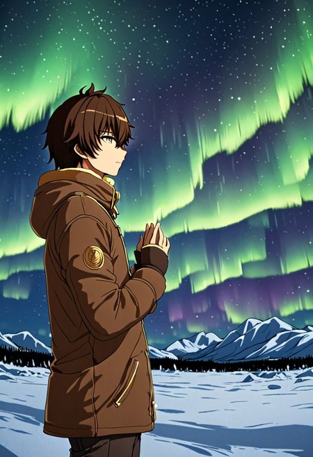 high resolution, solo, best quality, 1Boy, Seiya Kanie, Brownish Hair, winter, Northern Lights, Stargazing, OverallDetail