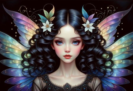 hyper detailed beautiful sugar fairy, coherent delicate face, wavy luxurious hair, intricate iridescent wings, on black velvet canvas, centered composition, rule of thirds, drop shadowed, art by gorjuss, tim burton, margaret keane, charlie bowater, tom wood, keith garvey