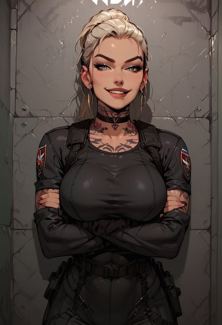 Score_9, Score8_up, Score_7_up, (((High Resolution, Best Quality))), 
1girl, solo, toned arms, Covered in Tattoos, neck tattoos, 
bodysuit, tactical, military gear, large breasts, choker, 
seducing, seductive, flirty, tender, loving, playful, looking at viewer, smirk, smug, 
Leaning against wall, arms crossed,
inside, Military bunker, military base,