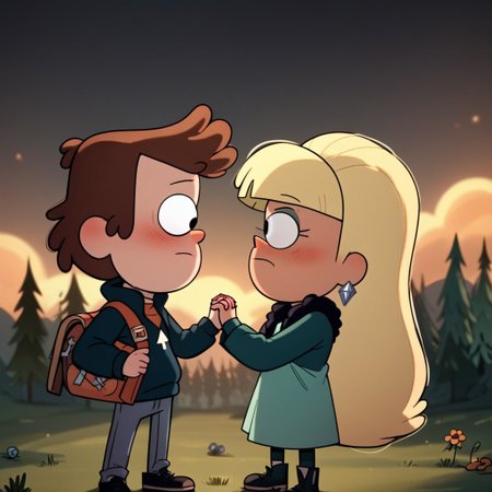 score_9, score_8_up, score_7_up, score_6_up, score_5_up, score_4_up, 1boy, 1girl, DipCif, holding hands, looking at each other, blushing, in the woods, rich colors