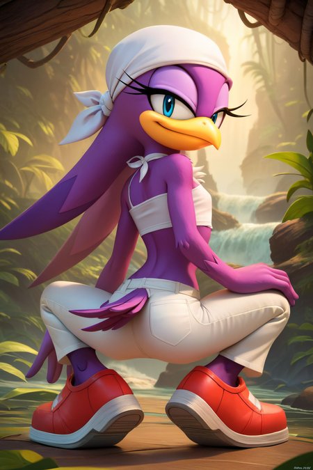 zPDXL2, <lora:WaveSDXL:.7> <lora:Beautiful_CAT_Pony:.8>, 
wave the swallow, an avian from the sonic (series), beak, furry avian,white bandana, flat chest, white crop top, white pants, shoes, looking back at viewer, serious, smiling, squatting, from behind, spreading legs, booty, outside, jungle, trees, fog,