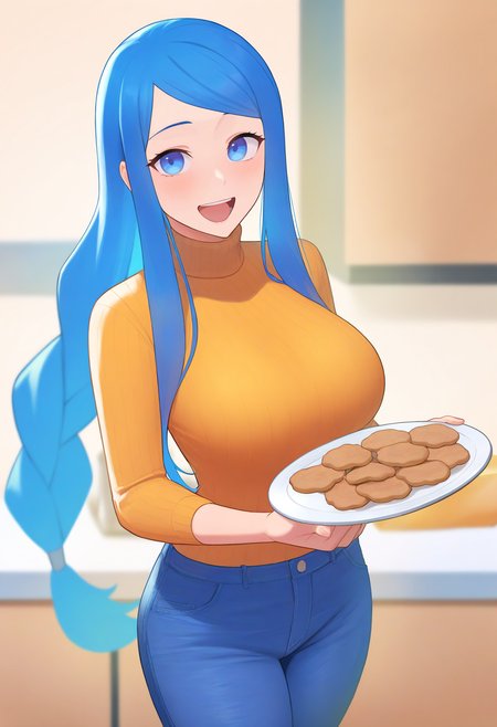 masterpiece, best quality, 1girl, holding plate of cookies, happy, looking at viewer, <lora:LumeraFE-illu:1> lmra, long hair, blue hair, sidelocks, blue eyes, braided ponytail, ribbed sweater, large breasts, jeans, kitchen