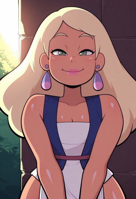 masterpiece, best quality, newest, absurdres, highres,  amazing quality, 4k, good lighting,  high resolution, 
 glossy skin, 1girl, solo, standing, facing viewer, smiling,  portrait, upper body, 
 jayten, earrings, jewelry, long hair, blonde hair, green eyes, dark skin, white skirt, blue vest, pink lipgloss,