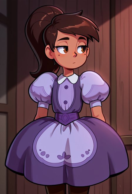 masterpiece, best quality, very aesthetic, absurdres, 1 boy, solo, Marco_Diaz, brown skin, brown eyes, brown hair, long hair, ponytail,  purple dress, short sleeves, puffy sleeves, brown pants,  standing, mole under one eye,  <lora:Smooth_Booster_v2:0.25>,  <lora:Marco_Diaz_SVTFOE__Illustrious:1>,  <lora:TheOtherHalf_pXL:1>