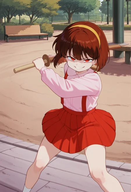1girl, solo, short hair, brown hair, red eyes, hairband, pink blouse, red skirt, pleated skirt, suspenders, evil smile, fighting stance, outdoors, park, wood sword,   <lora:temari_ranma:1>, masterpiece, best quality, amazing quality, very aesthetic, absurdres, highres, newest