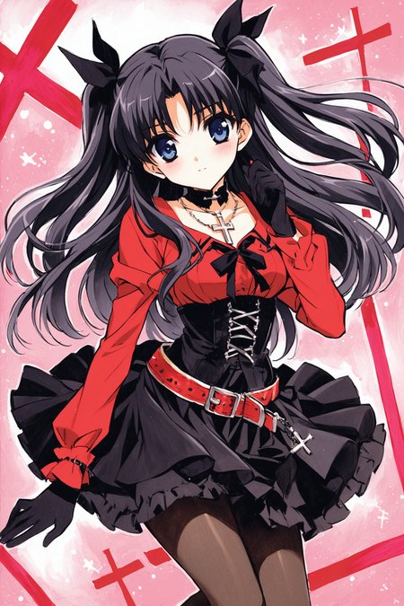 1girl,solo,tohsaka rin,red shirt,cross,long hair,skirt,shirt,white background,gloves,black skirt,necklace,jewelry,simple background,looking at viewer,bow,black hair,bangs,long sleeves,two side up,corset,black gloves,blue eyes,hair bow,ribbon,pantyhose,cross necklace,black pantyhose,latin cross,closed mouth,parted bangs,bowtie,black bow,hair ribbon,red bow,traditional media,<lora:shaa_XL:0.8>,